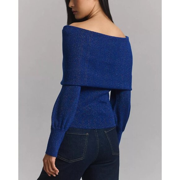 By Anthropologie Sensual Off-the-Shoulder Sweater NAVY BLUE sparkle XL - Picture 2 of 3